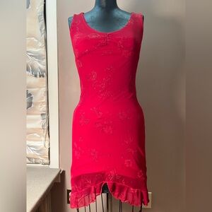 Y2K Red Glitter Floral Ruffle Dress Size Small Made in USA